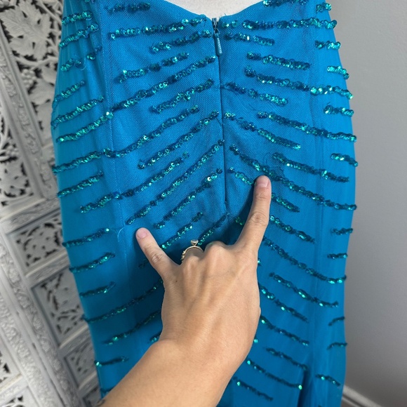 Cecily Brown Sequin Beaded Fairycore Blue Strapless V Neck Formal Prom Dress - Picture 11 of 13